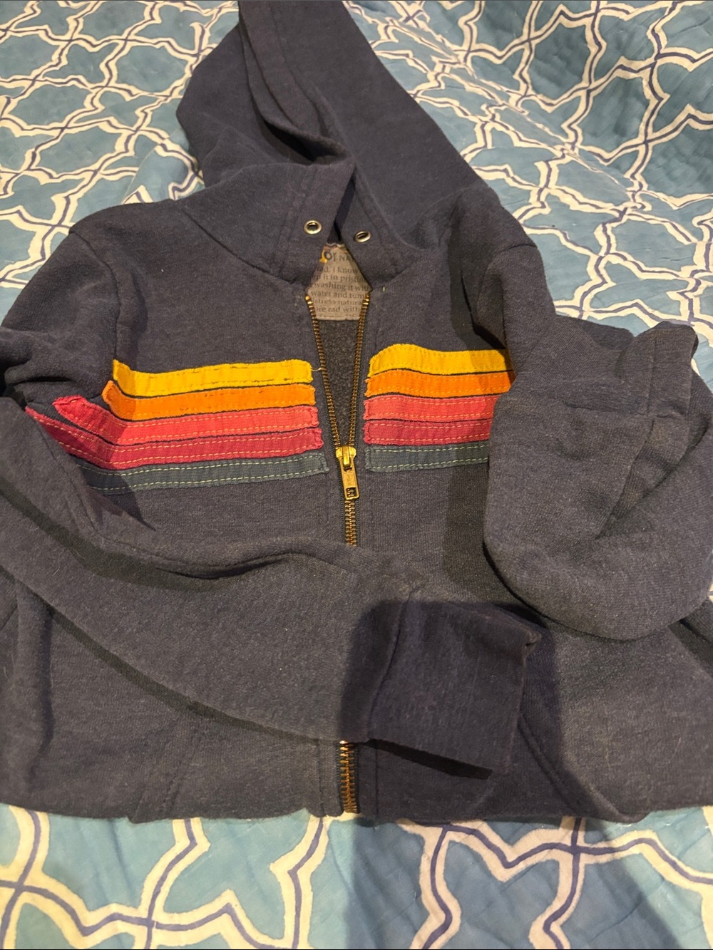 Aviator Nation Navy Hoodie with Yellow, Orange, and Red Stripes